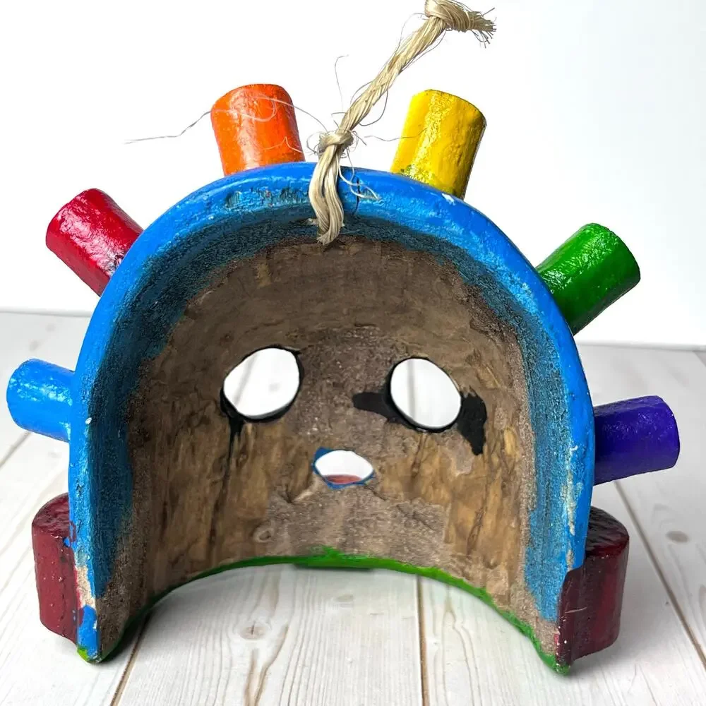 Aya Huma Mask Artisan Crafted Carved Wood Ecuador Bright Colors Rainbow 4.5